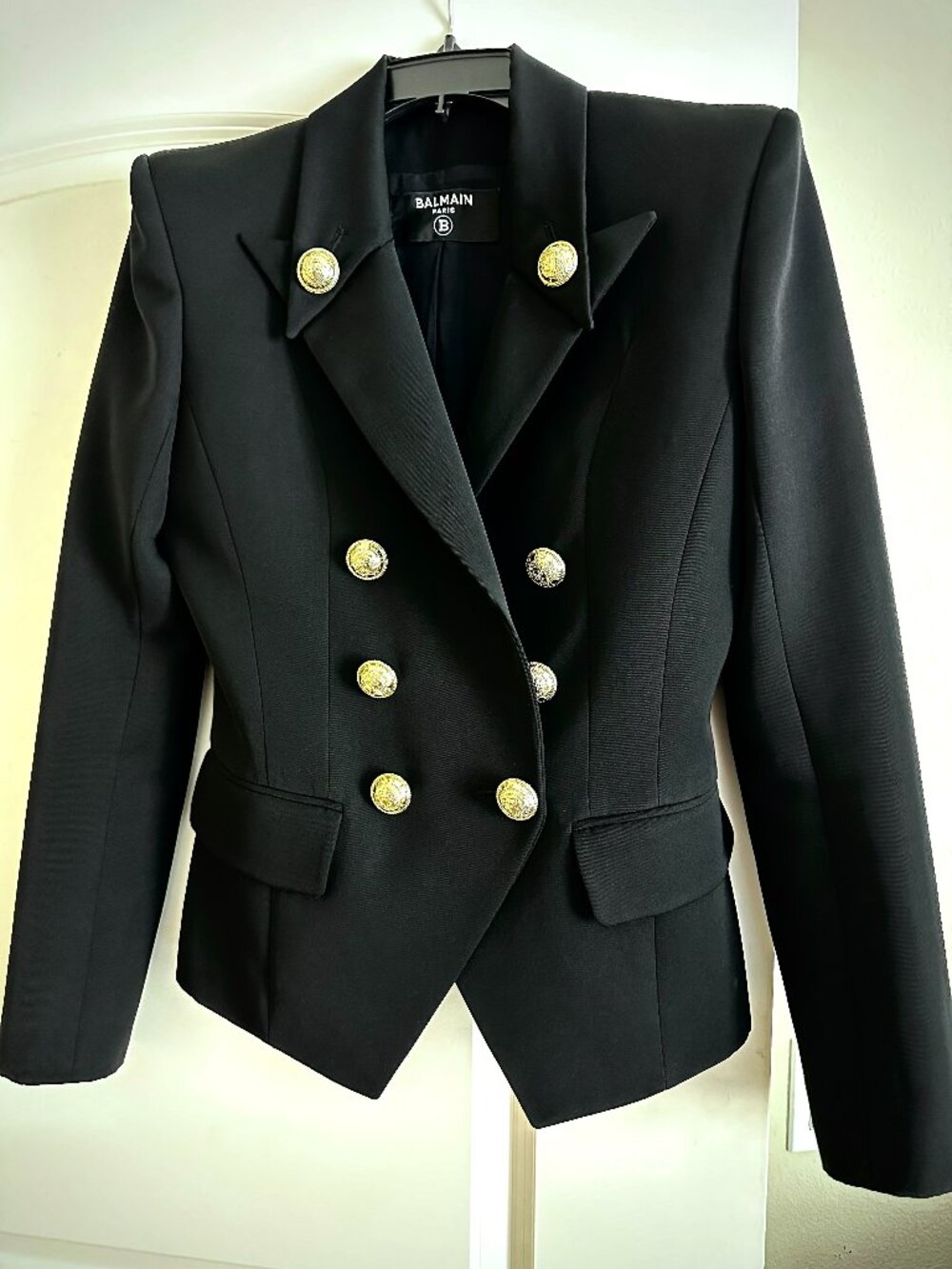 BALMAIN Paris Structured Double Breasted Blazer Black Gold Buttons Size 38